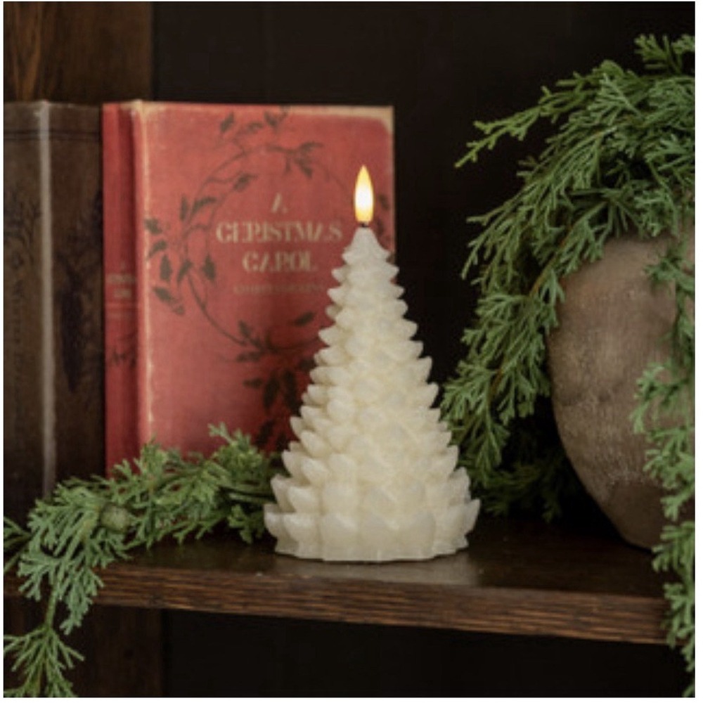 Primitive Christmas Ragon House 7 1/2"Cream 3D Flame Balsam Tree Candle w/ Timer